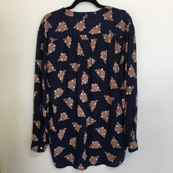 LOFT navy floral print long sleeve blouse Q17 - Picture 3 of 4
